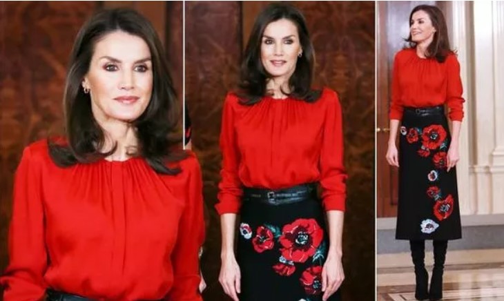 Queen Letizia commands attention in bold £600 red and black recycled outfit in Madrid